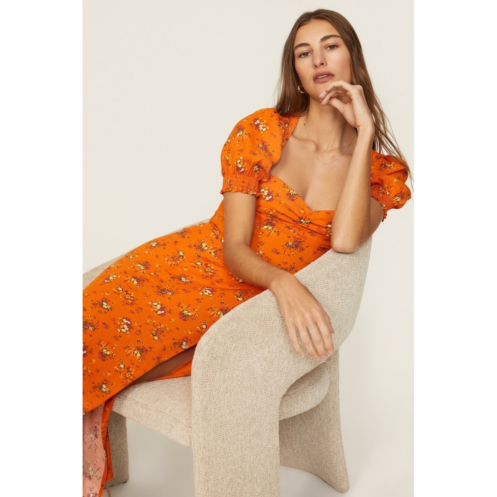 Reformation Lacey Dress Orange Ditsy Floral Puff Sleeve Midi Slit Size 6 - Picture 13 of 13